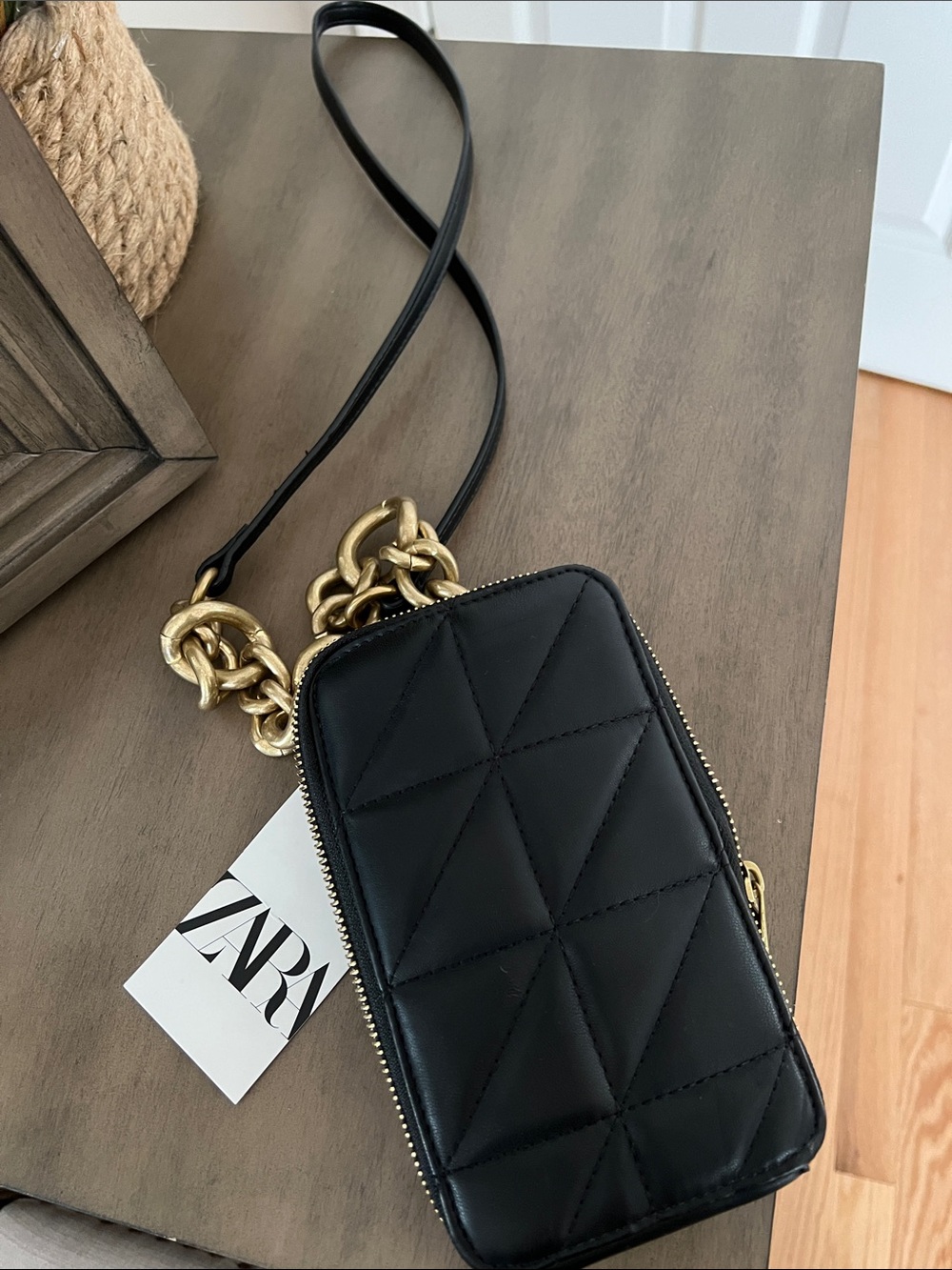 Zara Black Crossbody Phone Bag with Gold Chain Strap